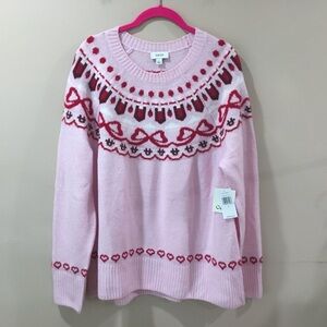 NWT CECE Womens Hearts Bow Knit Sweater Top Pink Valentines Womens Large